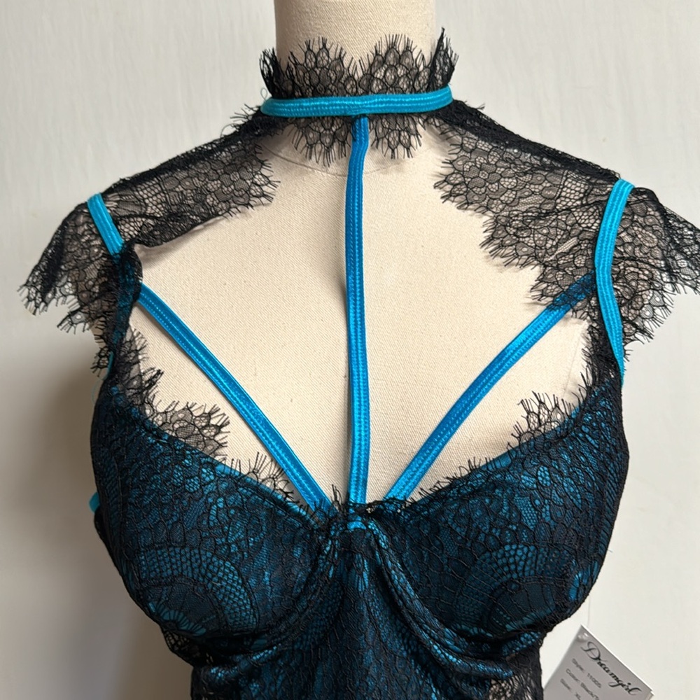 Dreamgirl Eyelash Lace Collared Blue & Black Chemise Size XL - Picture 4 of 16